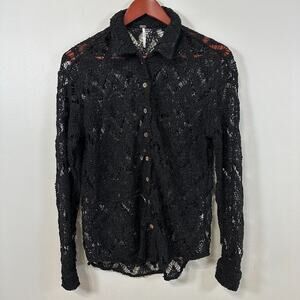 Free People Womens Small Long Sleeve Black Lace Button Up Shirt Blouse